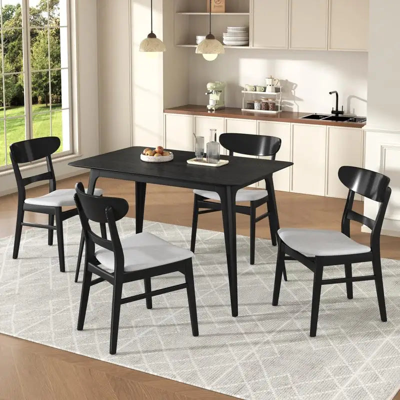 Mid-Century Modern Dining Set, 5 Pieces, Rubberwood Frame, Table & 4 Upholstered Chairs, Black & Light Gray Finish