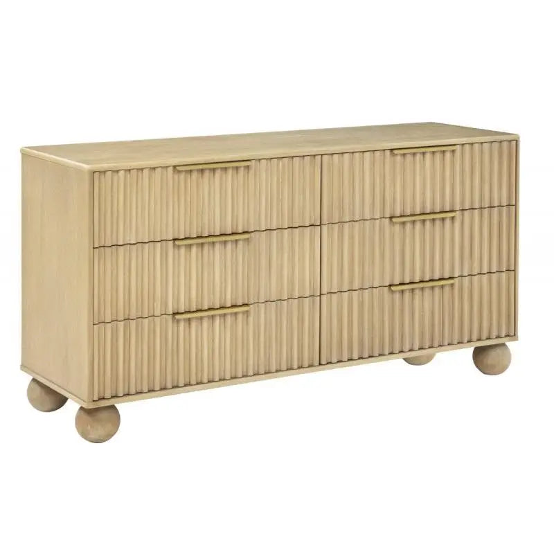 Modern 6 Drawer Dresser with Fluted Panels, Wooden Storage Unit, Rounded Legs, Light Oak Finish for Bedroom Organization