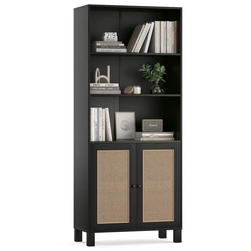 5-Tier Tall Bookcase with Rattan Doors, Large Wood Shelves for Library, Living Room, Bedroom, Home Office, Black Finish