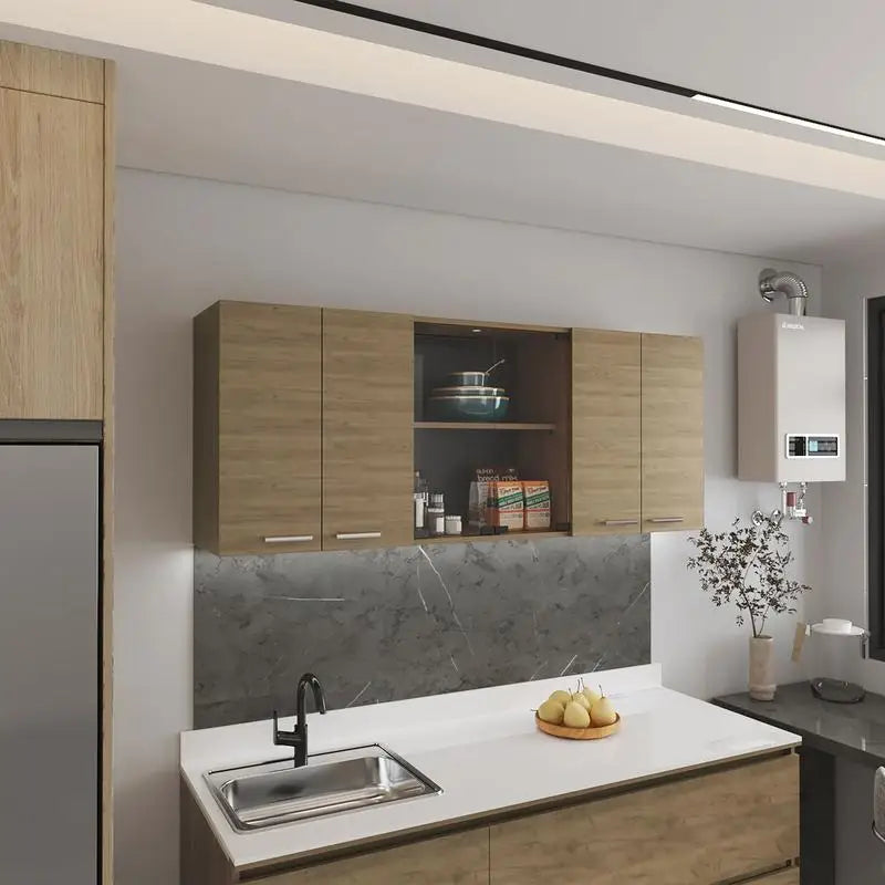 24-Inch High Wall Cabinet with Four Doors, Two Internal Shelves, Plate and Glass Organizer, and Two Glass Storage Shelves